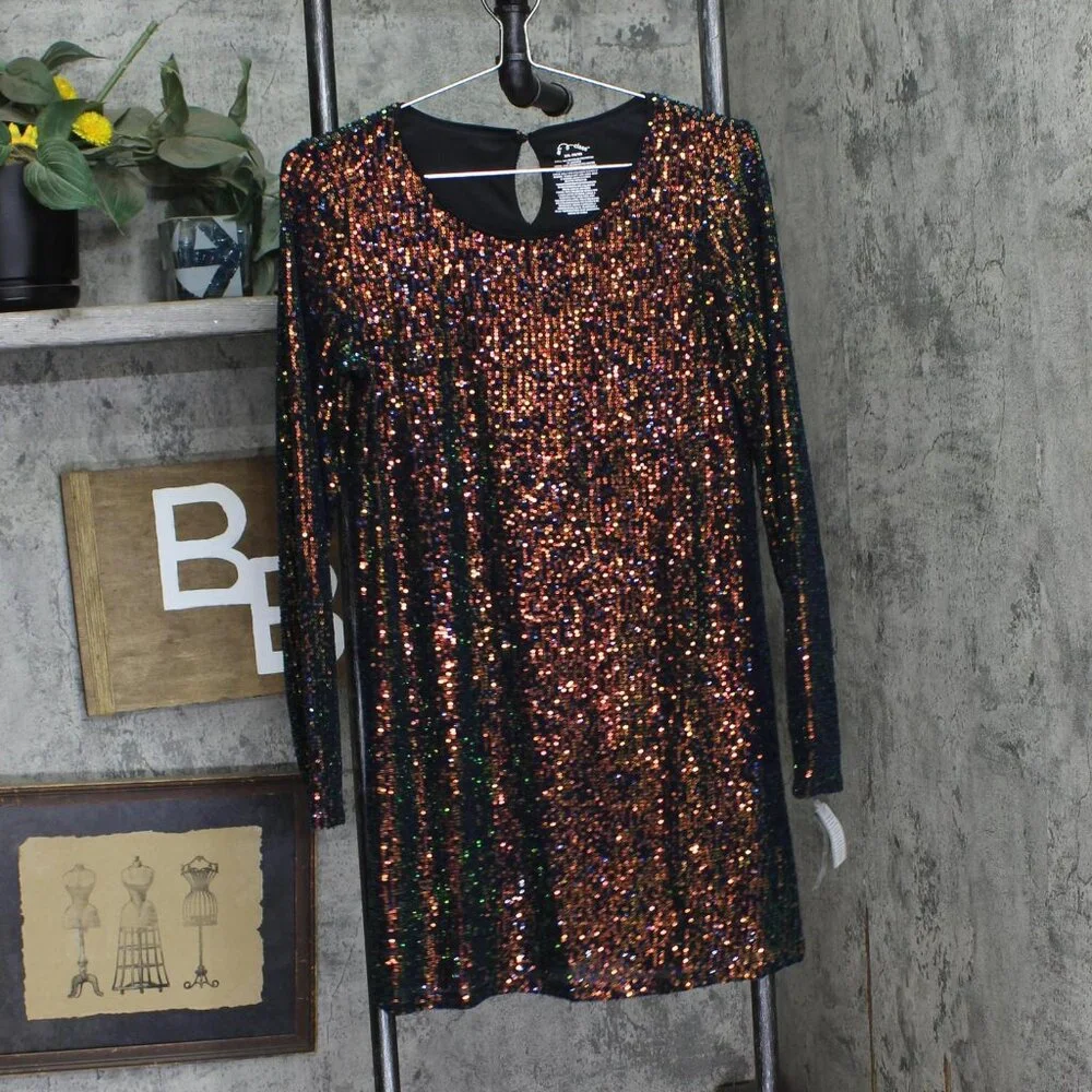NWT Art Class Long Sleeve Sequin A-Line Dress 92642878 Multi-Colored Black XXL
